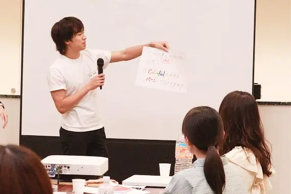 参加者が手書きの企画資料を掲げてチームに向けてプレゼンテーションする様子